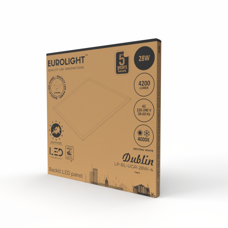 LED panel Dublin 28W, 4200lm, 4000K, UGR:19 595x595mm Eurolight LED panel Dublin 28W, 4200lm, 4000K, UGR:19 595x595mm Eurolight