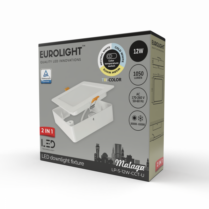 MALAGA LED panelė, kvadratinė,  universali 12W 85lm/W CRI80+ CCT Eurolight