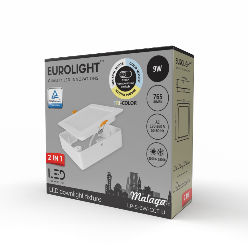 MALAGA LED panelė, kvadratinė, universali 9W 85lm/W CRI80+ CCT Eurolight MALAGA LED panelė, kvadratinė, universali 9W 85lm/W CRI80+ CCT Eurolight