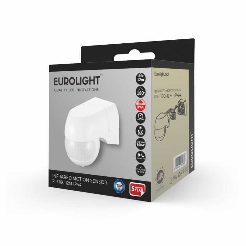 Judesio daviklis, PIR, 12m 800W 180° IP20 sieninis Eurolight Judesio daviklis, PIR, 12m 800W 180° IP20 sieninis Eurolight