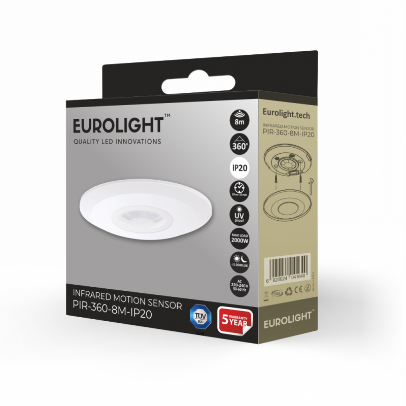 Judesio daviklis, PIR, 8m 2000W 360° IP20 lubinis Eurolight Judesio daviklis, PIR, 8m 2000W 360° IP20 lubinis Eurolight