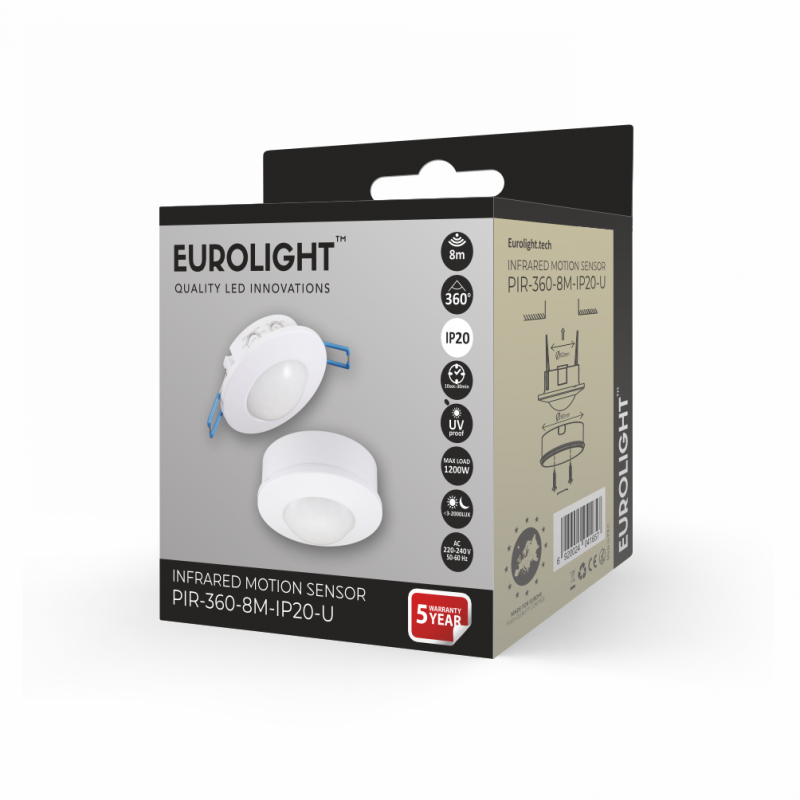 Judesio daviklis, PIR, 8m 2000W 360° IP20 virštinkinis/įleidžiamas Eurolight Judesio daviklis, PIR, 8m 2000W 360° IP20 virštinkinis/įleidžiamas Eurolight