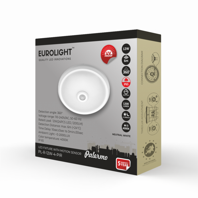 PALERMO LED luminaire, with motion sensor, 12W, 4000K, CRI80 IP65 1200lm